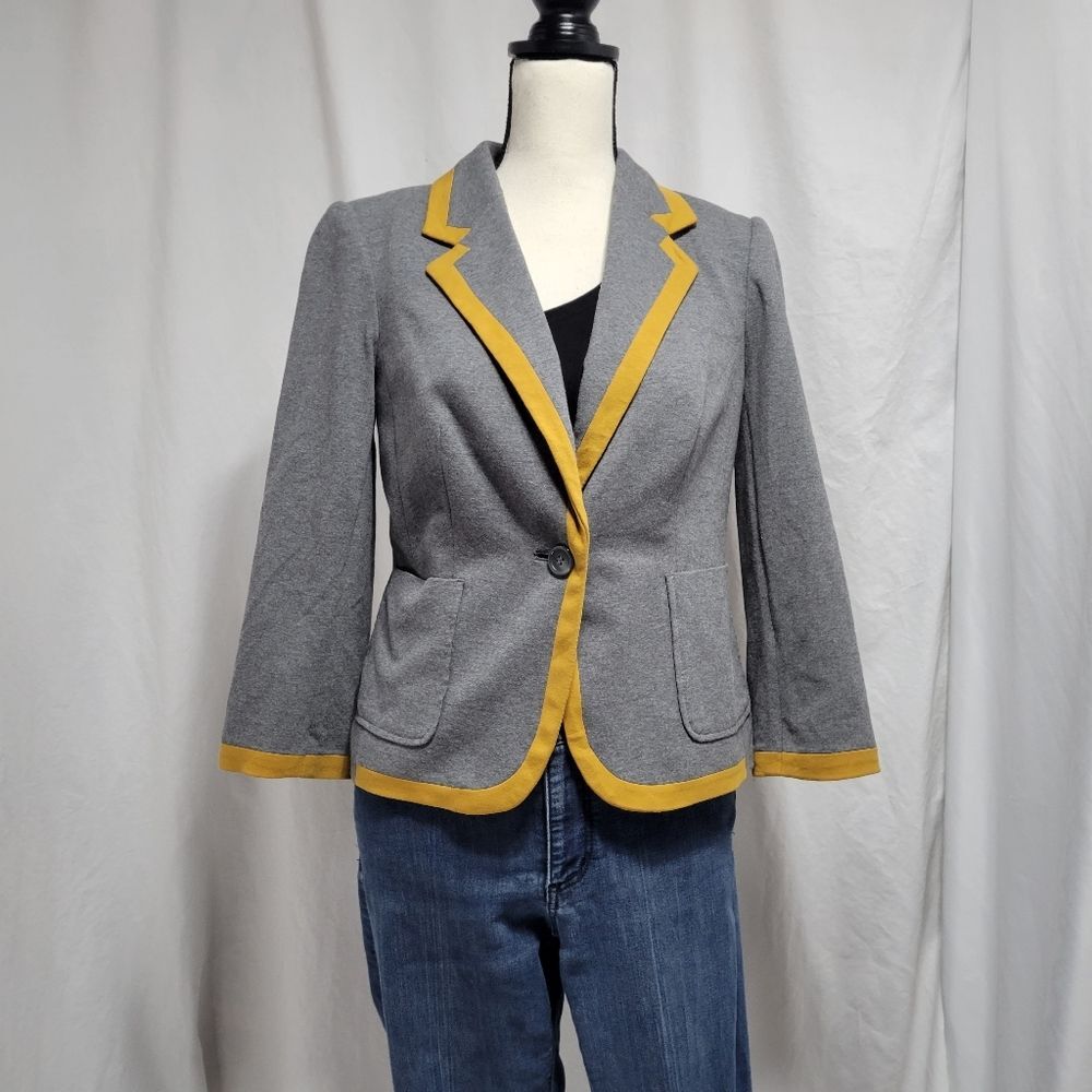 CBR Blazer Grey with mustard trim, open pockets, collared, single button sz S